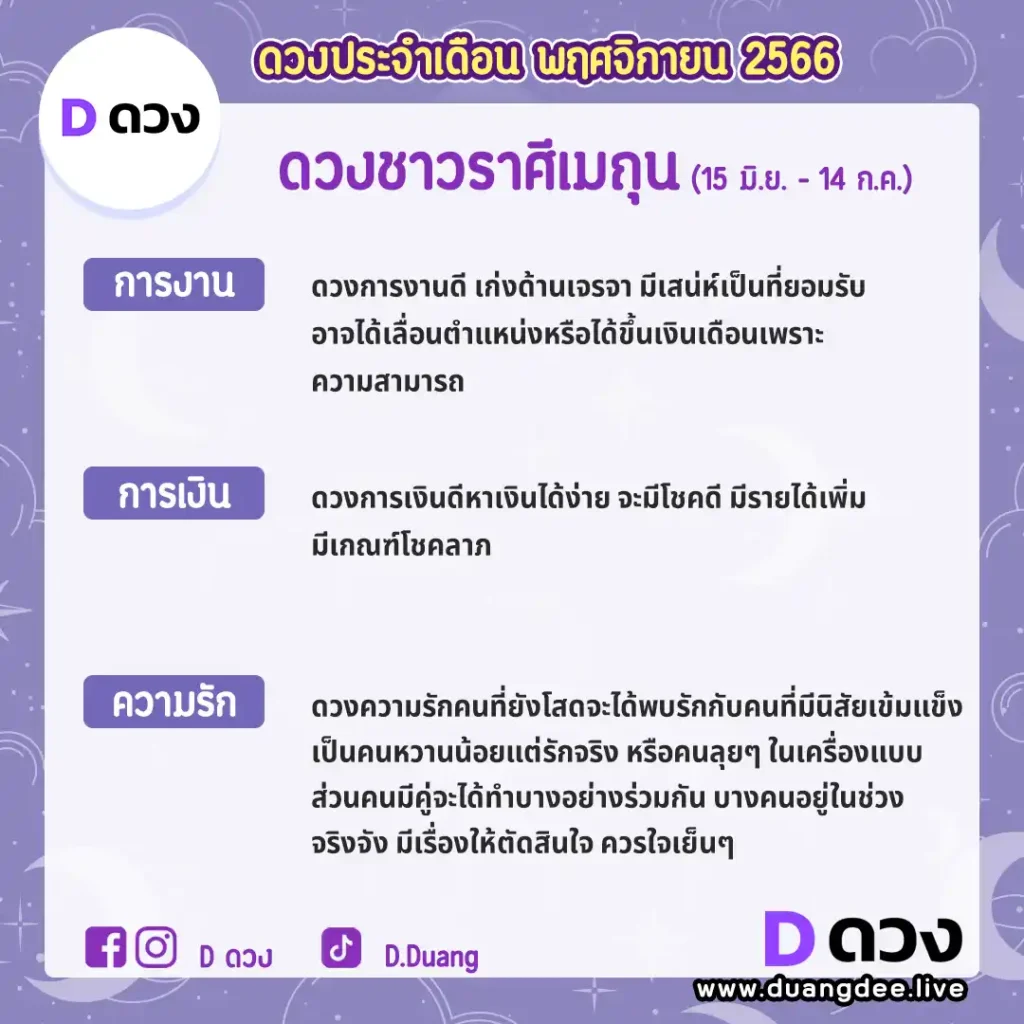 ดูดวงประจำเดือนตุลาคม 2566 เมถุน